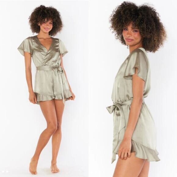 Show Me Your Mumu Say I Do Romper Moss Green Luxe Satin Sage Bridal Party NWT L - Picture 1 of 8